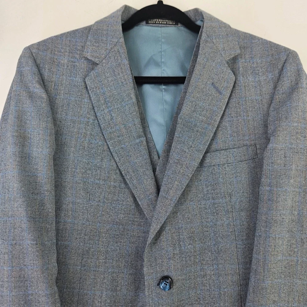Vintage 80s Blue Grey Glen Plaid‎ 3pc Suit Single Breasted 2 Button Med ~40R-42R